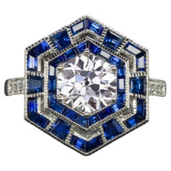 Alter Europäischer Diamant Blauer Saphir Ring im Art Deco Stil