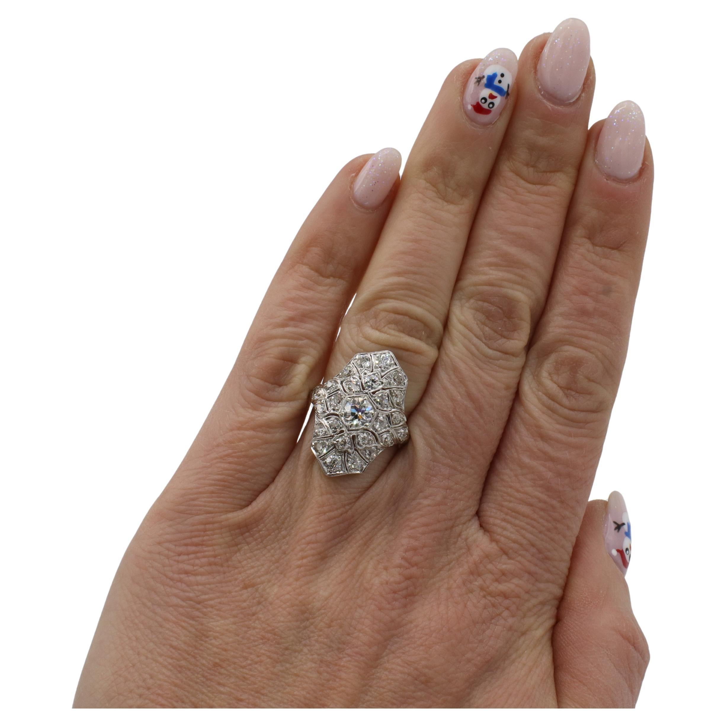Women's Art Deco Old European Cut 1.00 Carat Natural Diamond Navette Cluster Ring For Sale