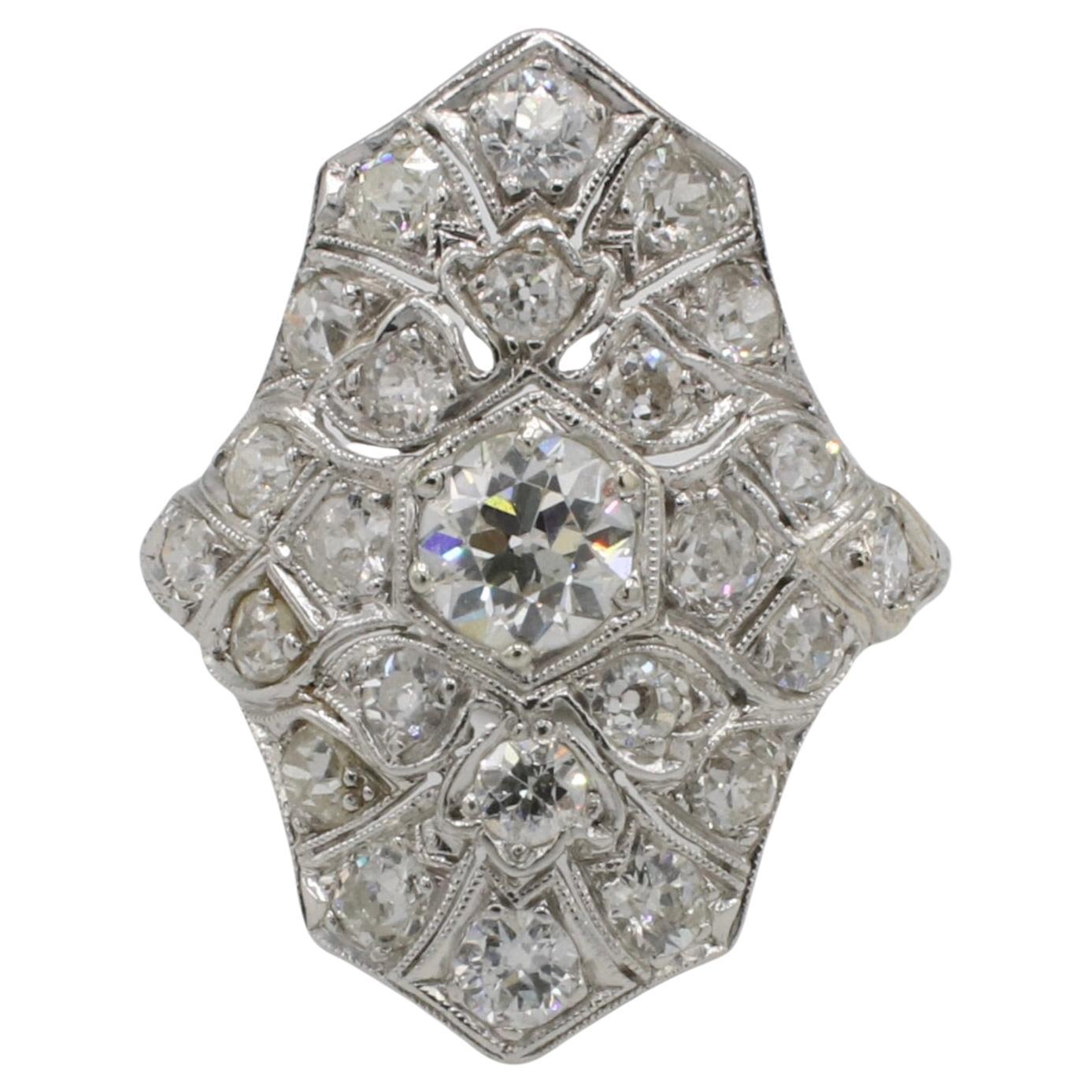 Art Deco Old European Cut 1.00 Carat Natural Diamond Navette Cluster Ring For Sale