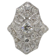Anillo Art Decó con Navette de Diamantes Naturales de Corte Europeo Antiguo de 1,00 Quilate