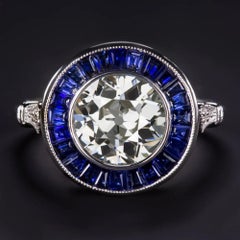 Art Deco Old European Cut 2,04 Karat Diamant Saphir Target Ring aus 14k Weißgold mit alteuropäischem Schliff