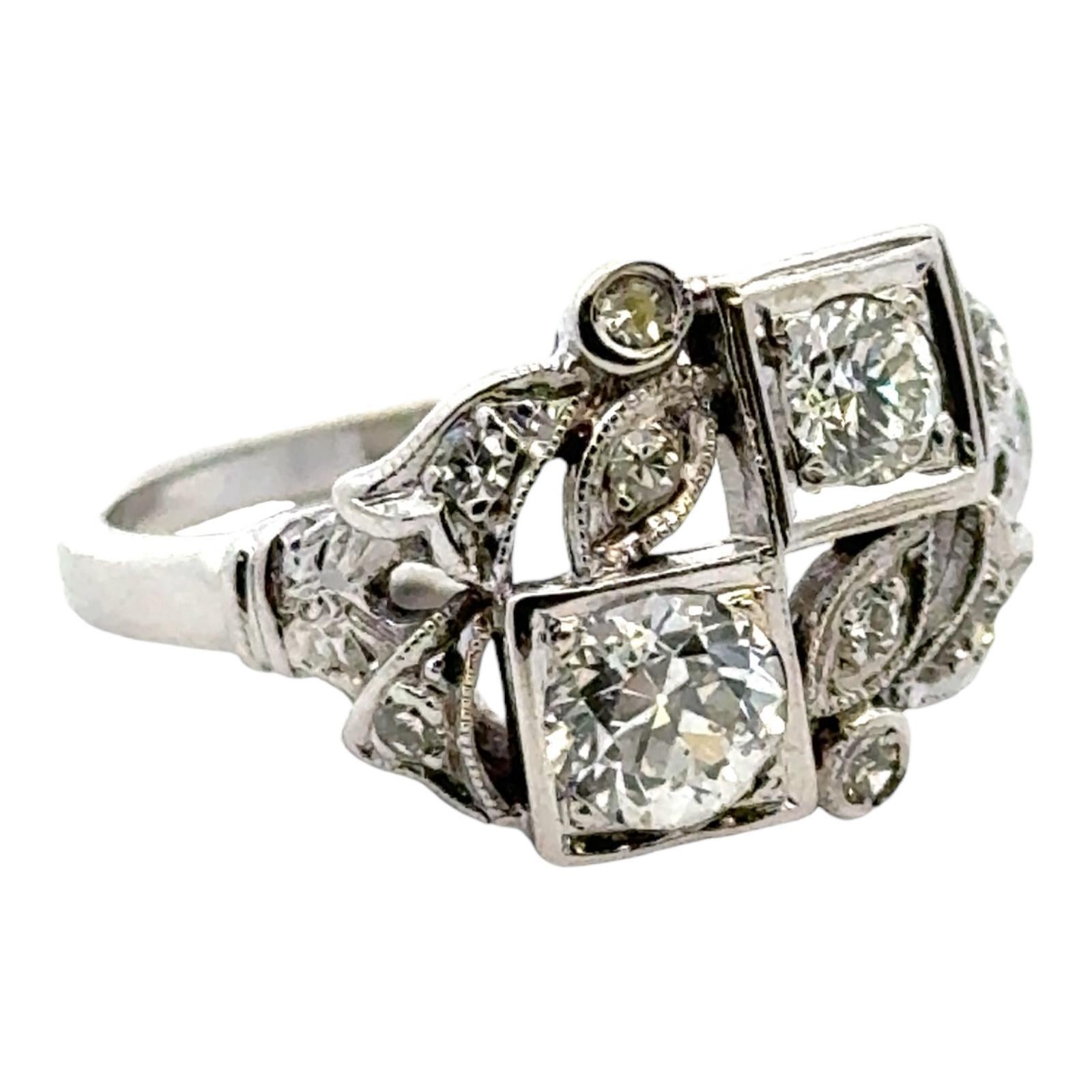Women's Art Deco Old European Cut Diamond 14 Karat White Gold Bypass Ring For Sale