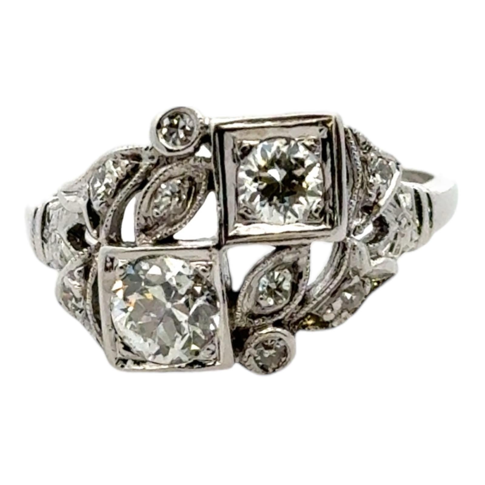 Art Deco Old European Cut Diamond 14 Karat White Gold Bypass Ring For Sale 2