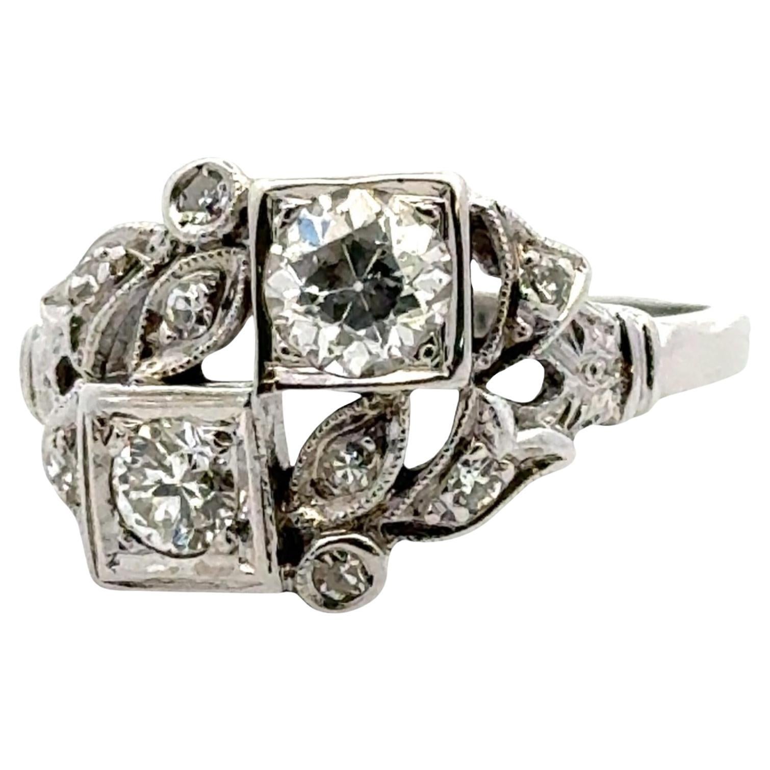 Art Deco Old European Cut Diamond 14 Karat White Gold Bypass Ring For Sale