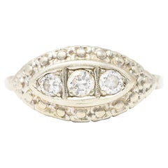 Vintage Art Deco Old European Cut Diamond 14 Karat White Gold Three Stone Dinner Ring