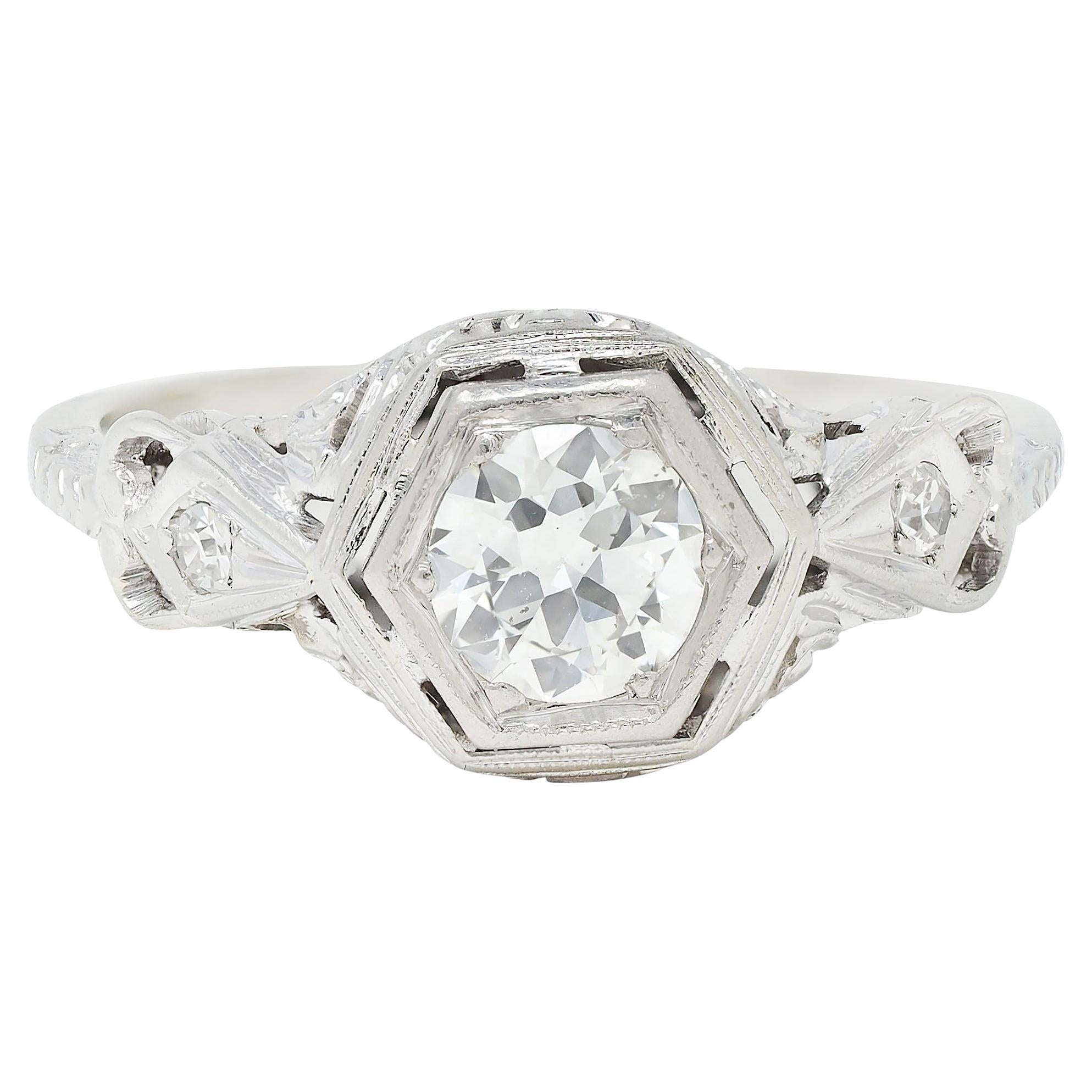 Anello di fidanzamento vintage Art Deco con diamante vecchio taglio europeo in oro bianco 14 carati