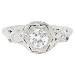Anello di fidanzamento vintage Art Deco con diamante vecchio taglio europeo in oro bianco 14 carati