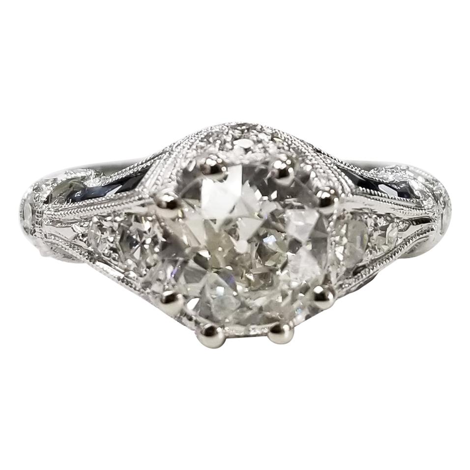 Art Deco Style Old European Cut Diamond 1.47 Carat 14k Diamonds-Sapphires