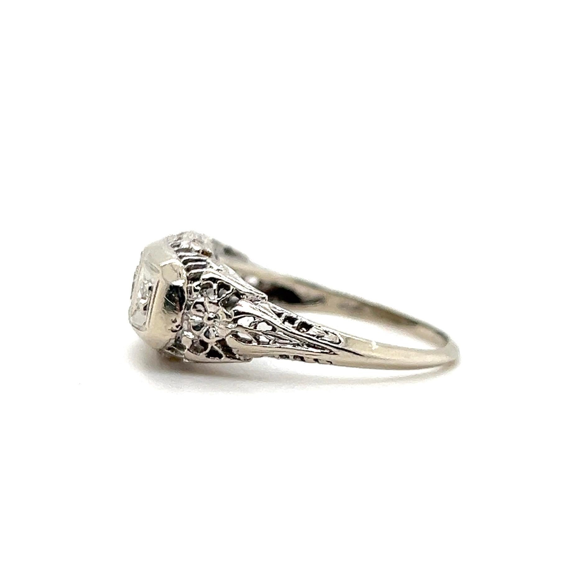 Bague de fiançailles art déco en or blanc 14k avec diamant taille européenne Bon état - En vente à Towson, MD