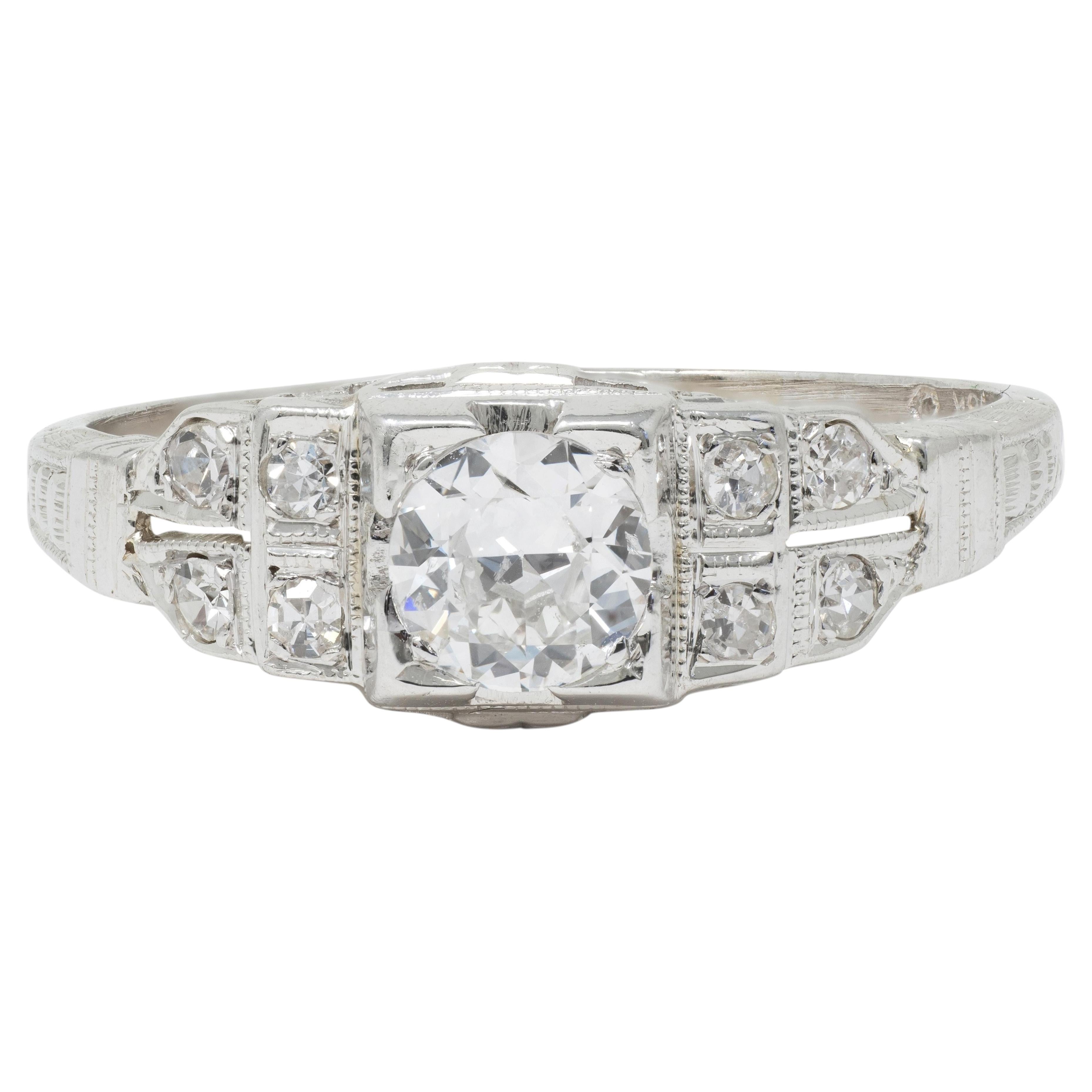 Art Deco Old European Cut Diamond 18 Karat Gold Vintage Stepped Engagement Ring