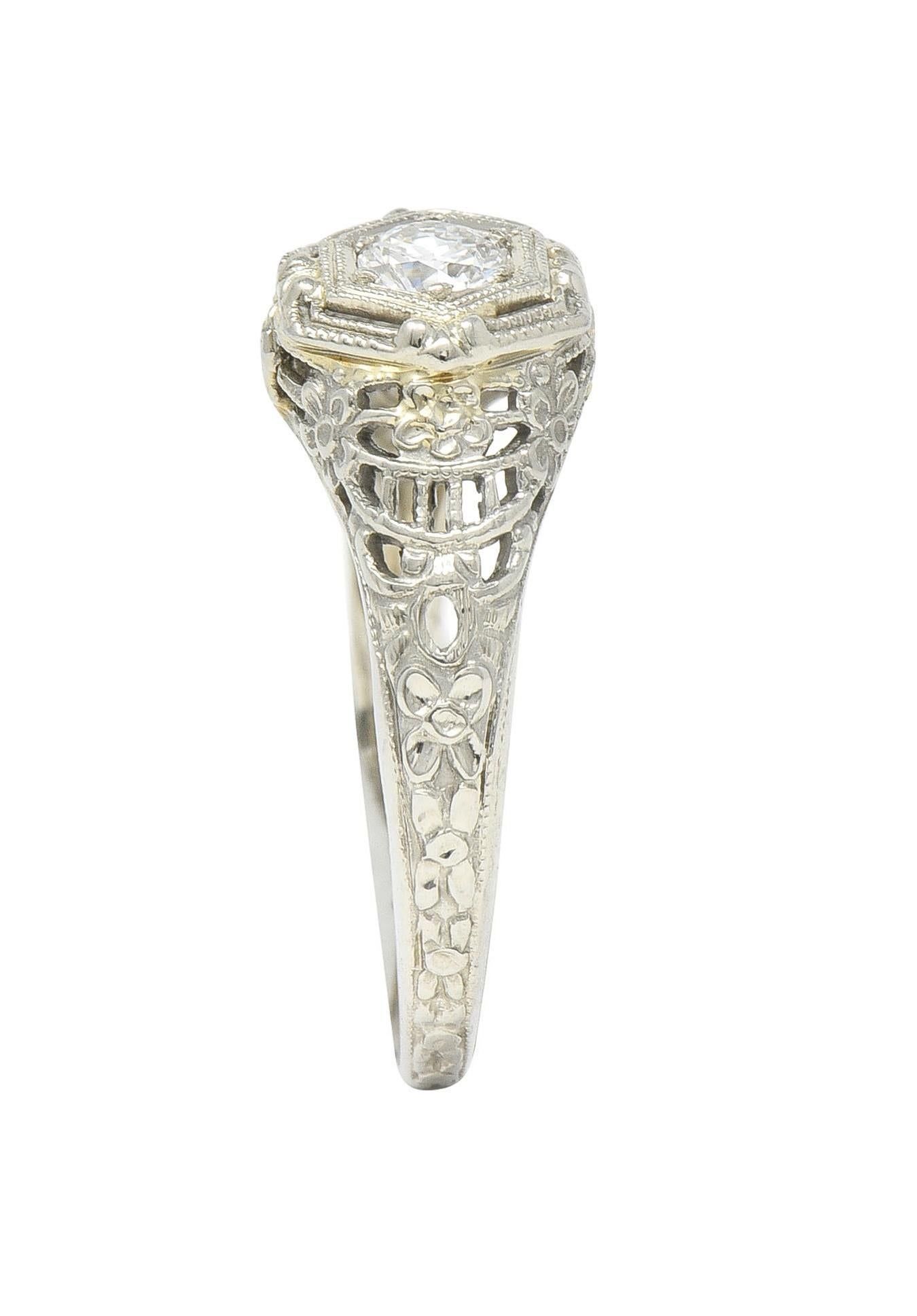 Art Deco Old European Cut Diamond 18 Karat White Gold Antique Engagement Ring For Sale 6