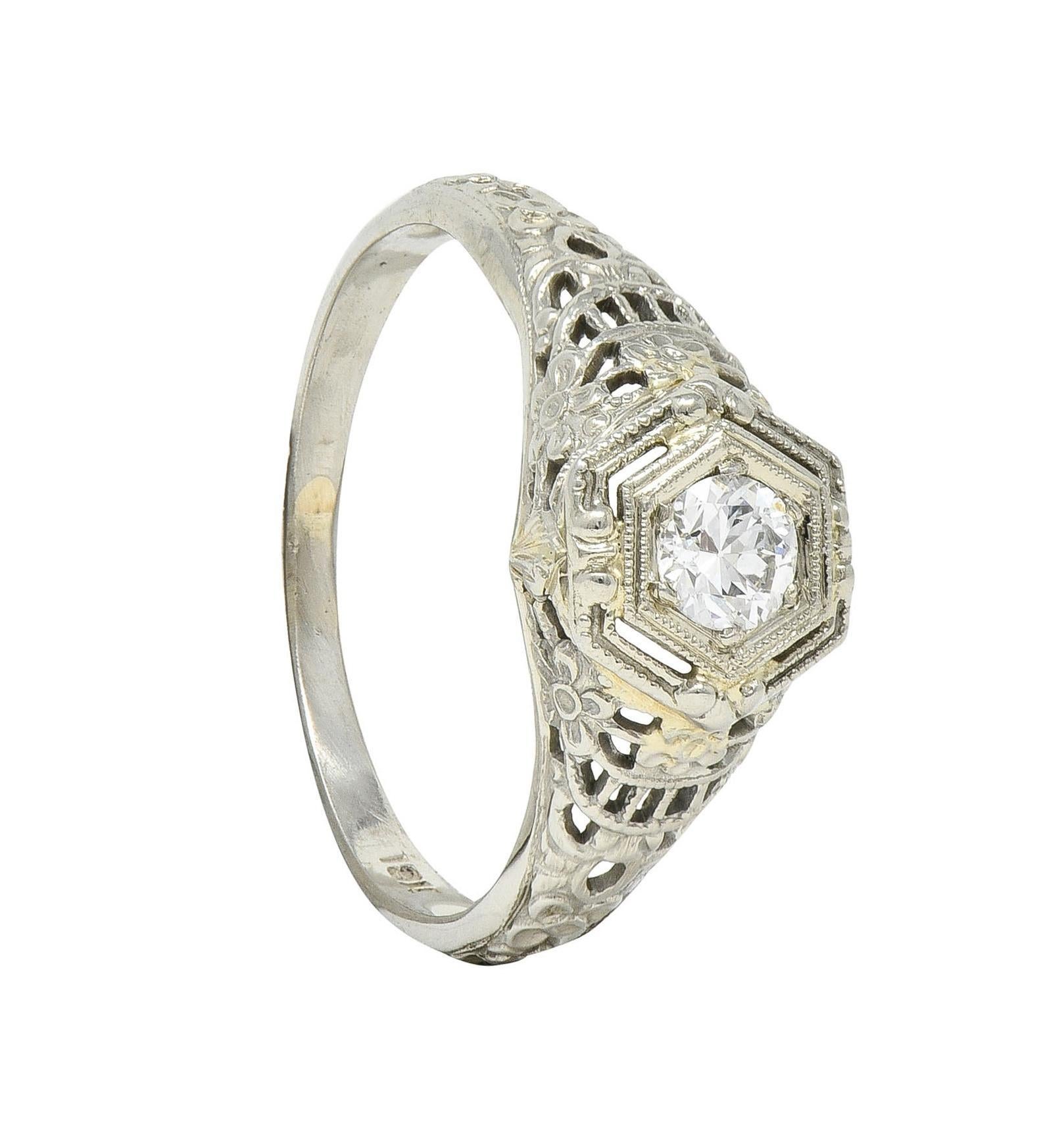 Art Deco Old European Cut Diamond 18 Karat White Gold Antique Engagement Ring For Sale 7