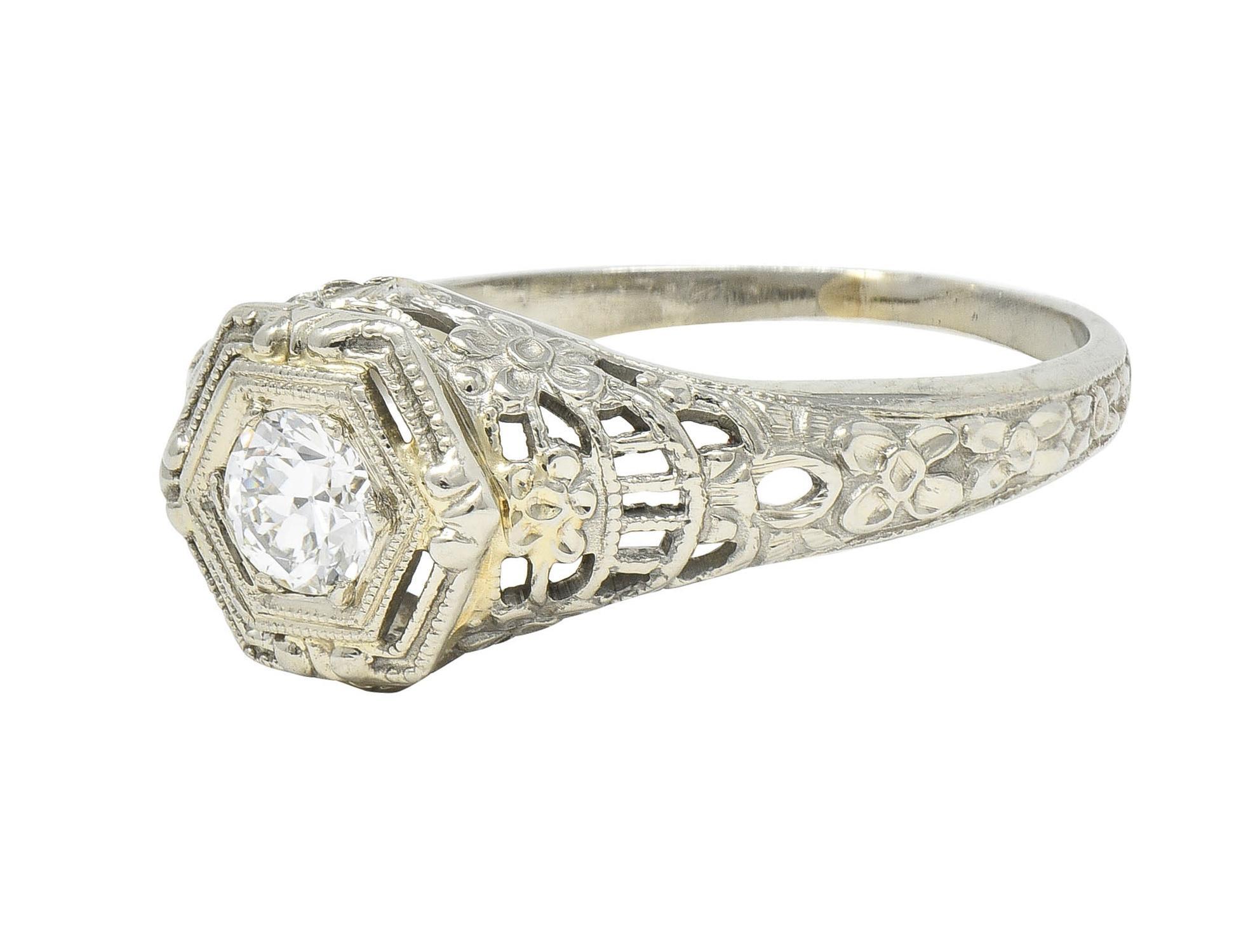 Art Deco Old European Cut Diamond 18 Karat White Gold Antique Engagement Ring For Sale 2