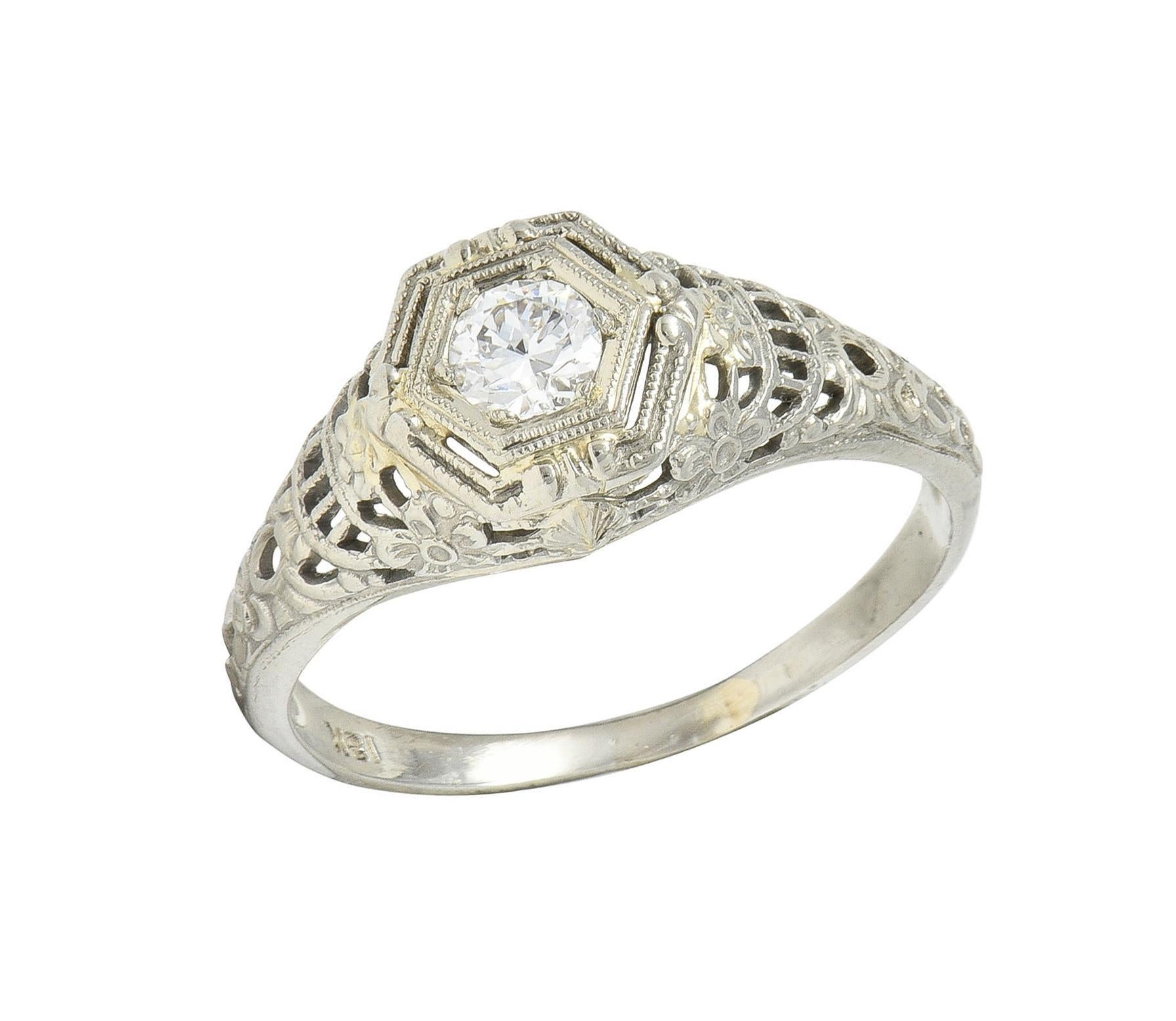 Art Deco Old European Cut Diamond 18 Karat White Gold Antique Engagement Ring For Sale 4