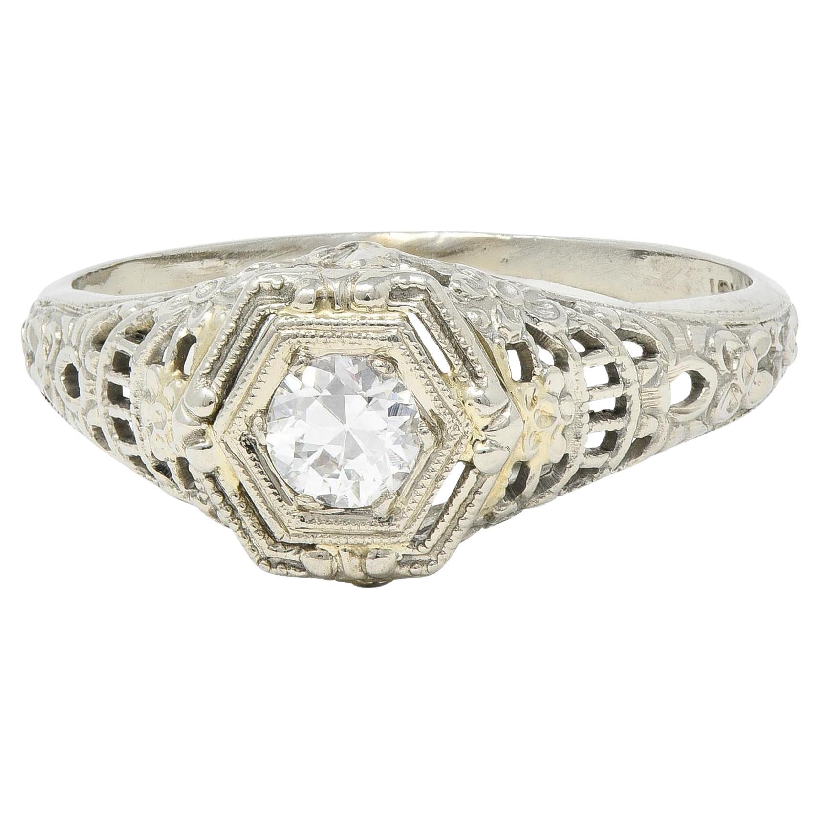 Art Deco Old European Cut Diamond 18 Karat White Gold Antique Engagement Ring