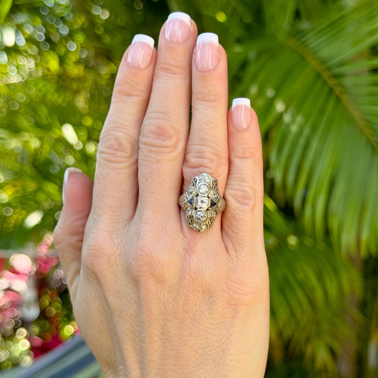 Art Deco Old European Cut Diamond 18 Karat White Gold Elongated Cocktail Ring In Excellent Condition For Sale In Boca Raton, FL