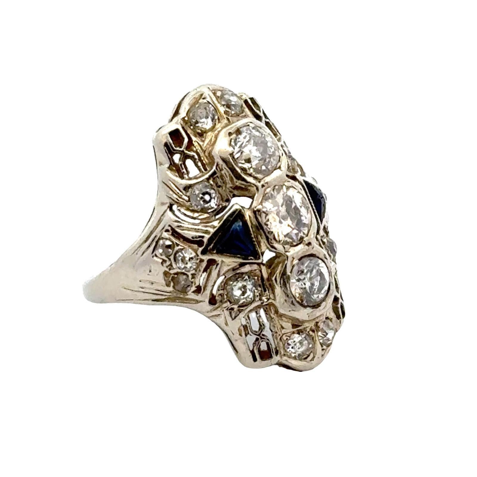 Art Deco Old European Cut Diamond 18 Karat White Gold Elongated Cocktail Ring For Sale 1
