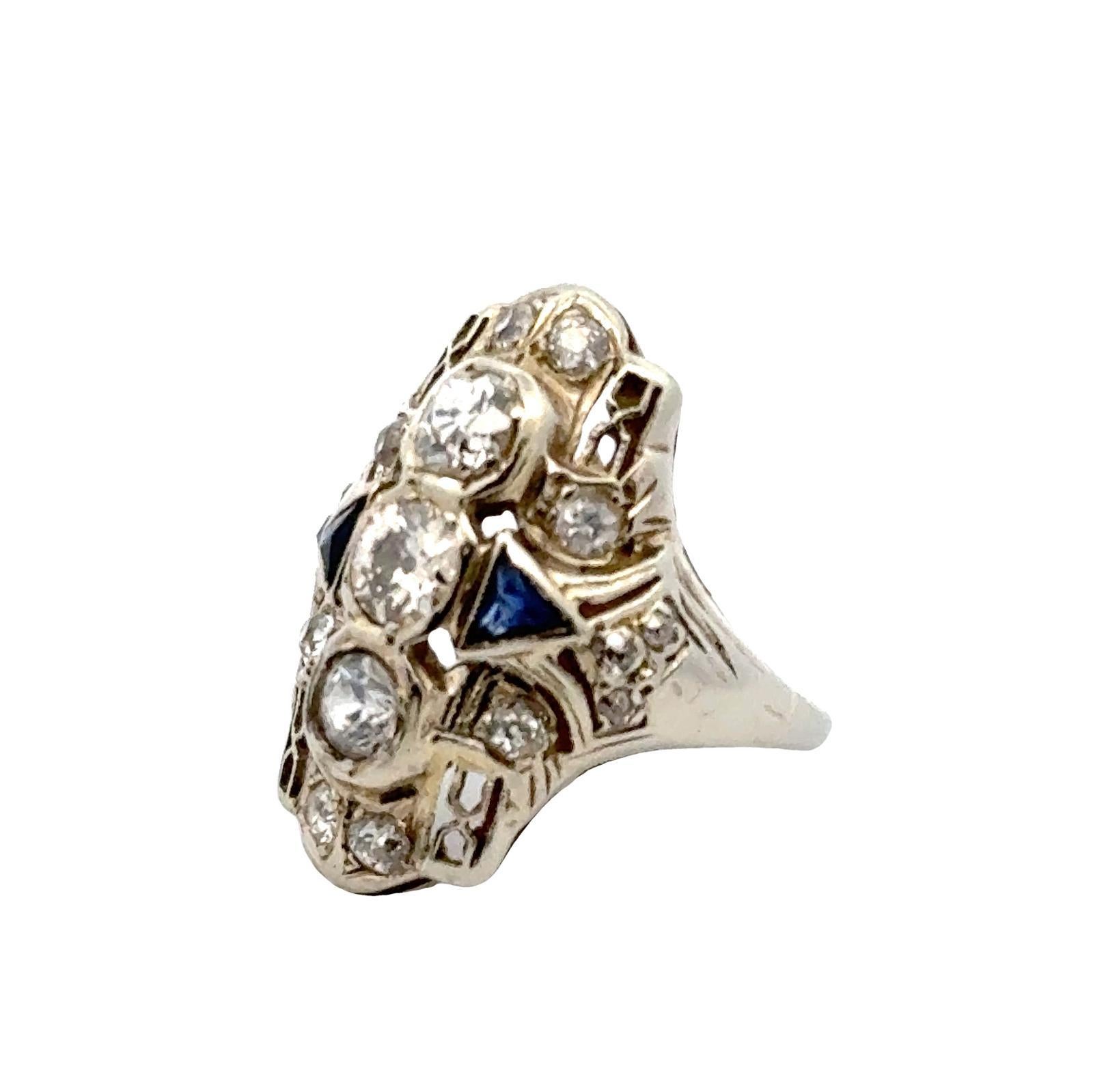 Art Deco Old European Cut Diamond 18 Karat White Gold Elongated Cocktail Ring For Sale 2