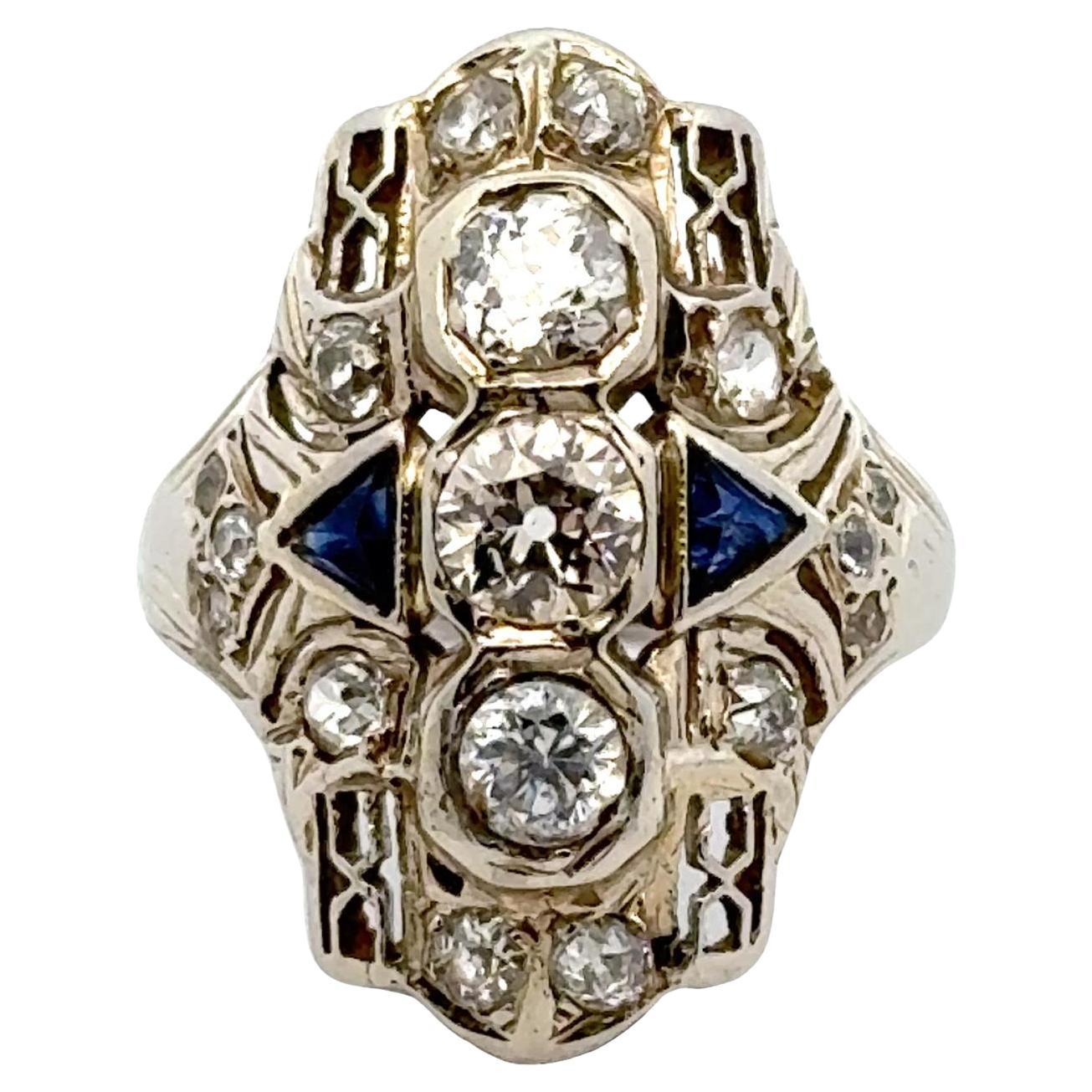 Art Deco Old European Cut Diamond 18 Karat White Gold Elongated Cocktail Ring For Sale