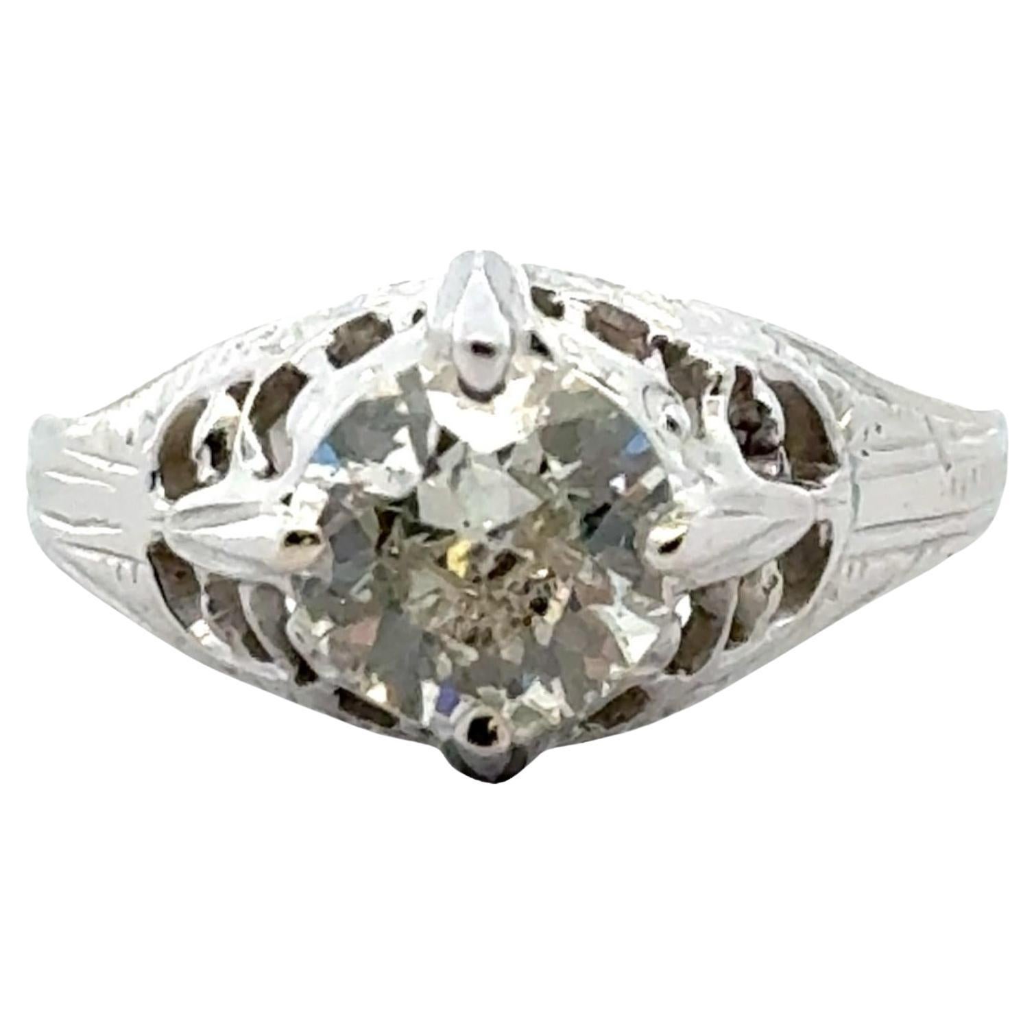 Art Deco Old European Cut Diamond 18 Karat White Gold Engagement Ring For Sale