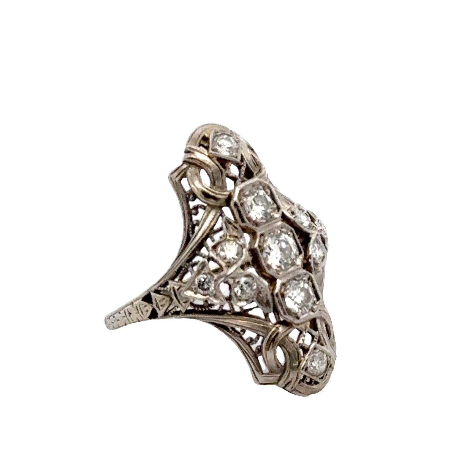 Art Deco Old European Cut Diamond 18 Karat White Gold Filigree Cocktail Ring For Sale 1