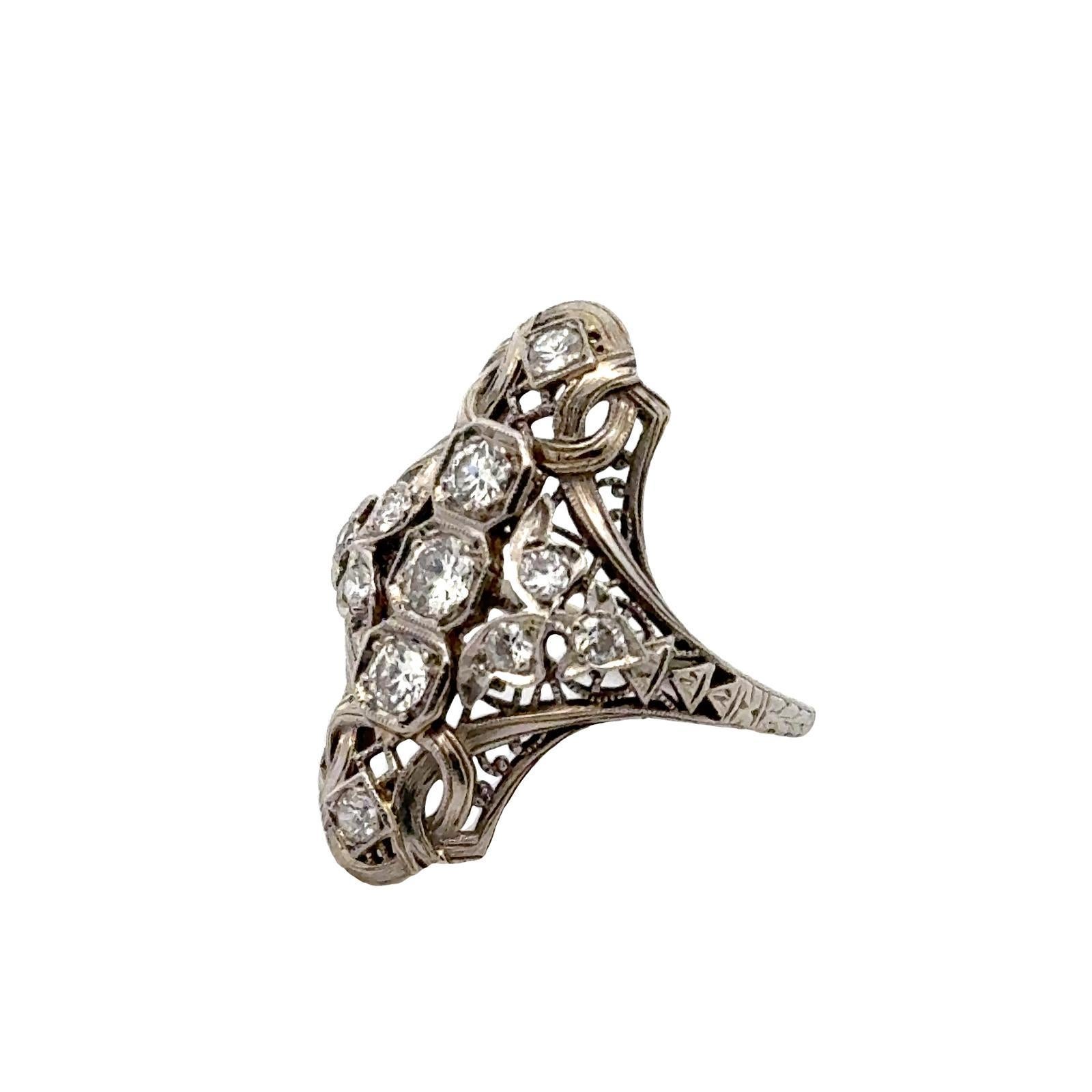 Art Deco Old European Cut Diamond 18 Karat White Gold Filigree Cocktail Ring For Sale 2