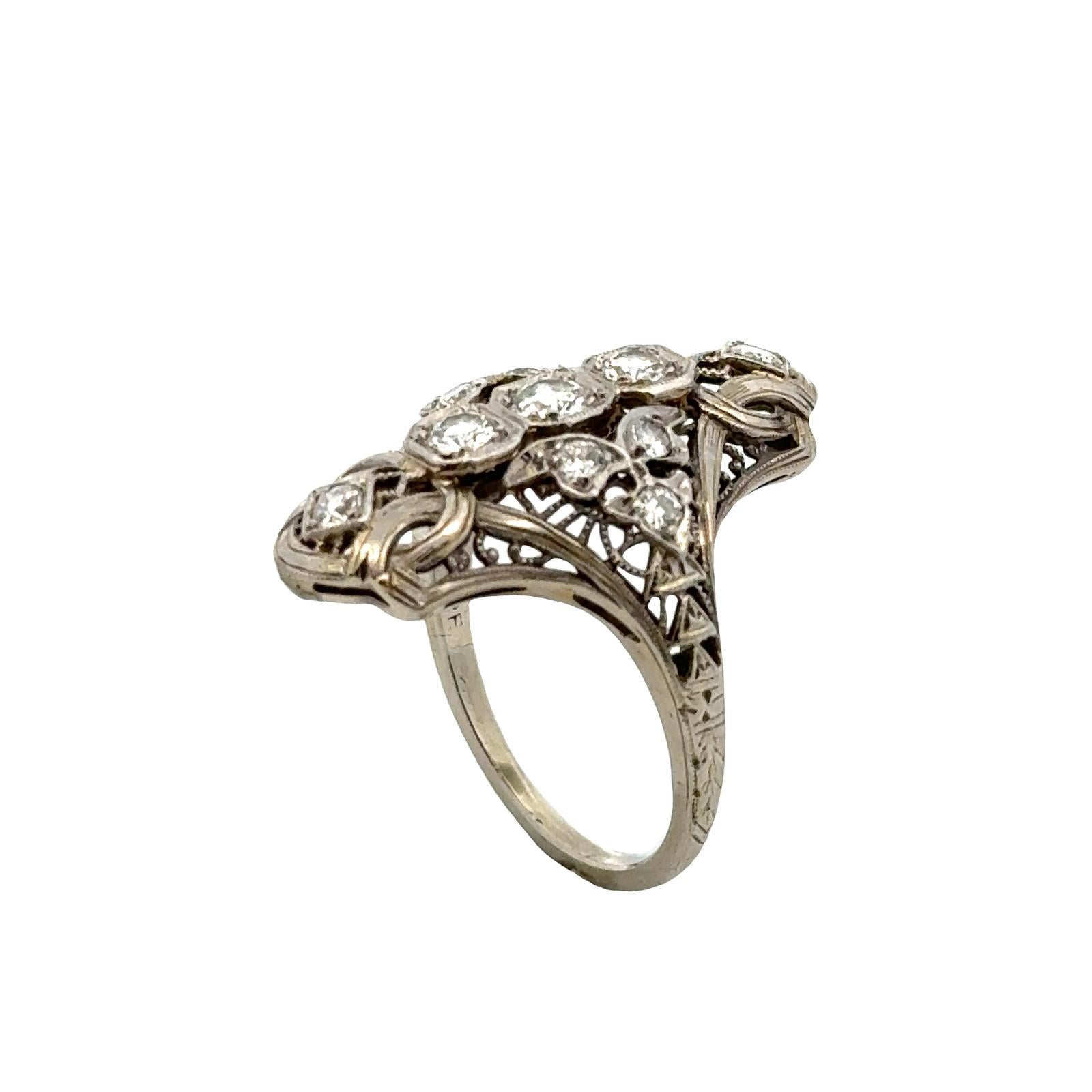 Art Deco Old European Cut Diamond 18 Karat White Gold Filigree Cocktail Ring For Sale 3