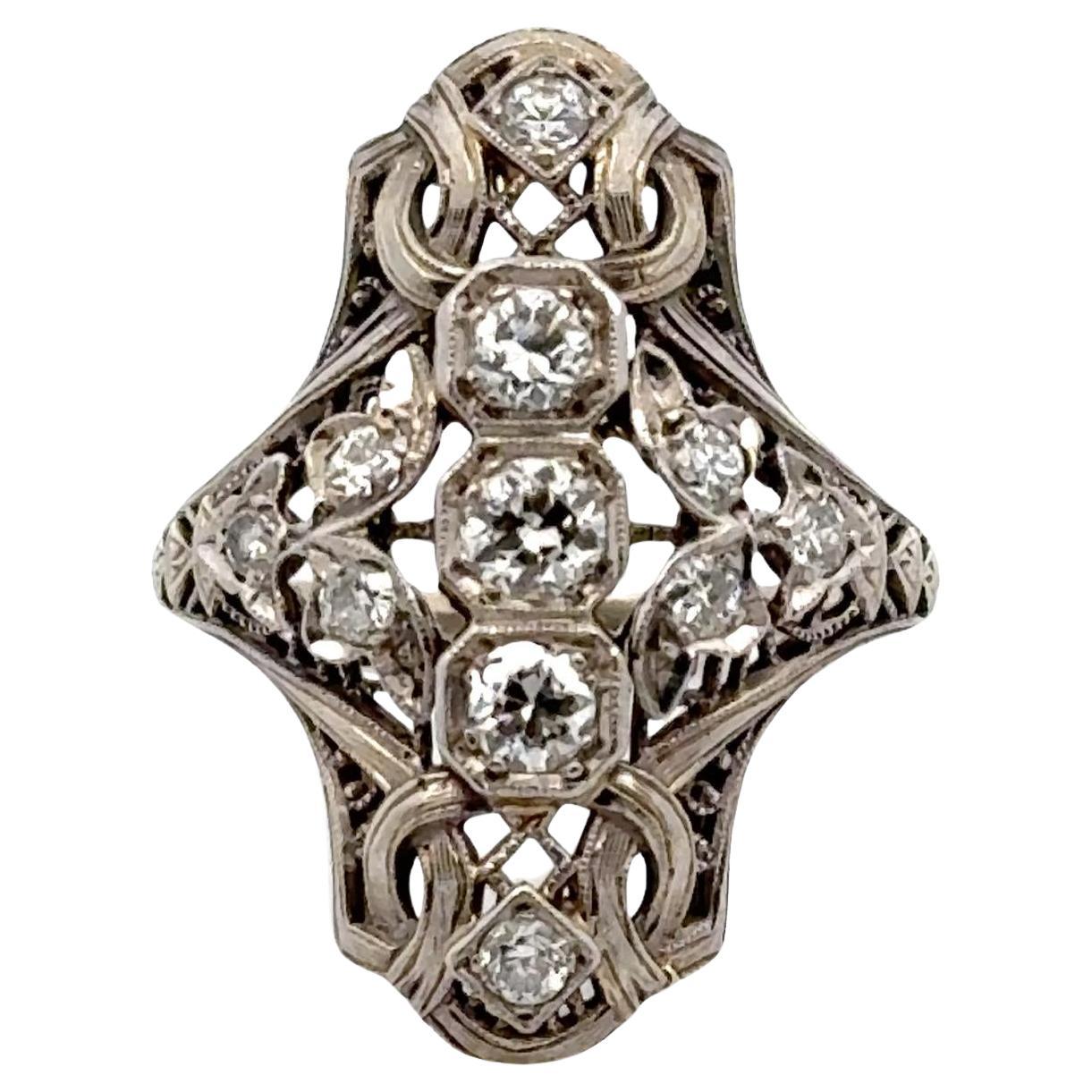 Art Deco Old European Cut Diamond 18 Karat White Gold Filigree Cocktail Ring For Sale