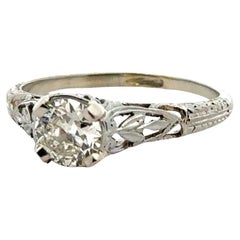 Antique Art Deco Old European Cut Diamond 18 Karat White Gold Filigree Engagment Ring