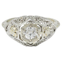 Antique Art Deco Old European Cut Diamond 18 Karat White Gold Trellis Engagement Ring