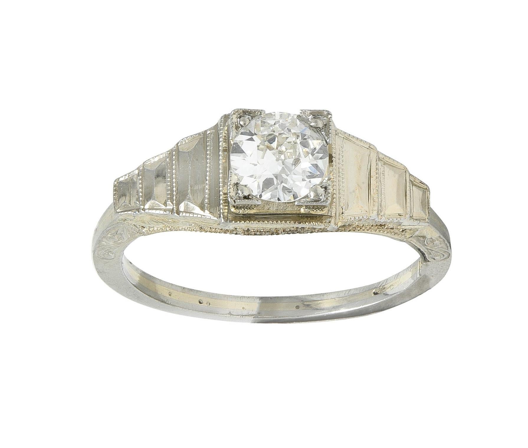 Art Deco Old European Cut Diamond 18 Karat White Gold Vintage Engagement Ring For Sale 6