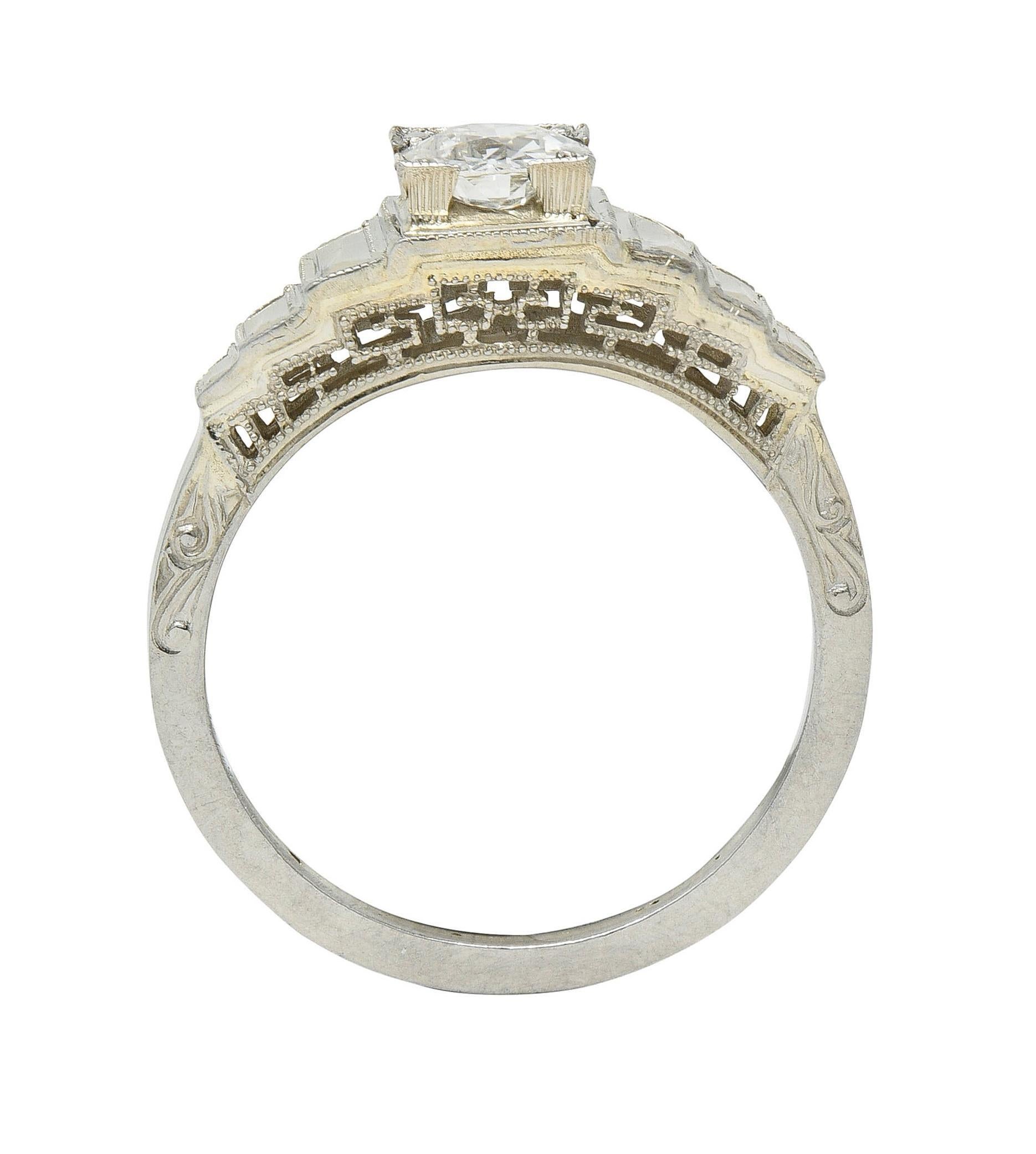 Art Deco Old European Cut Diamond 18 Karat White Gold Vintage Engagement Ring For Sale 7