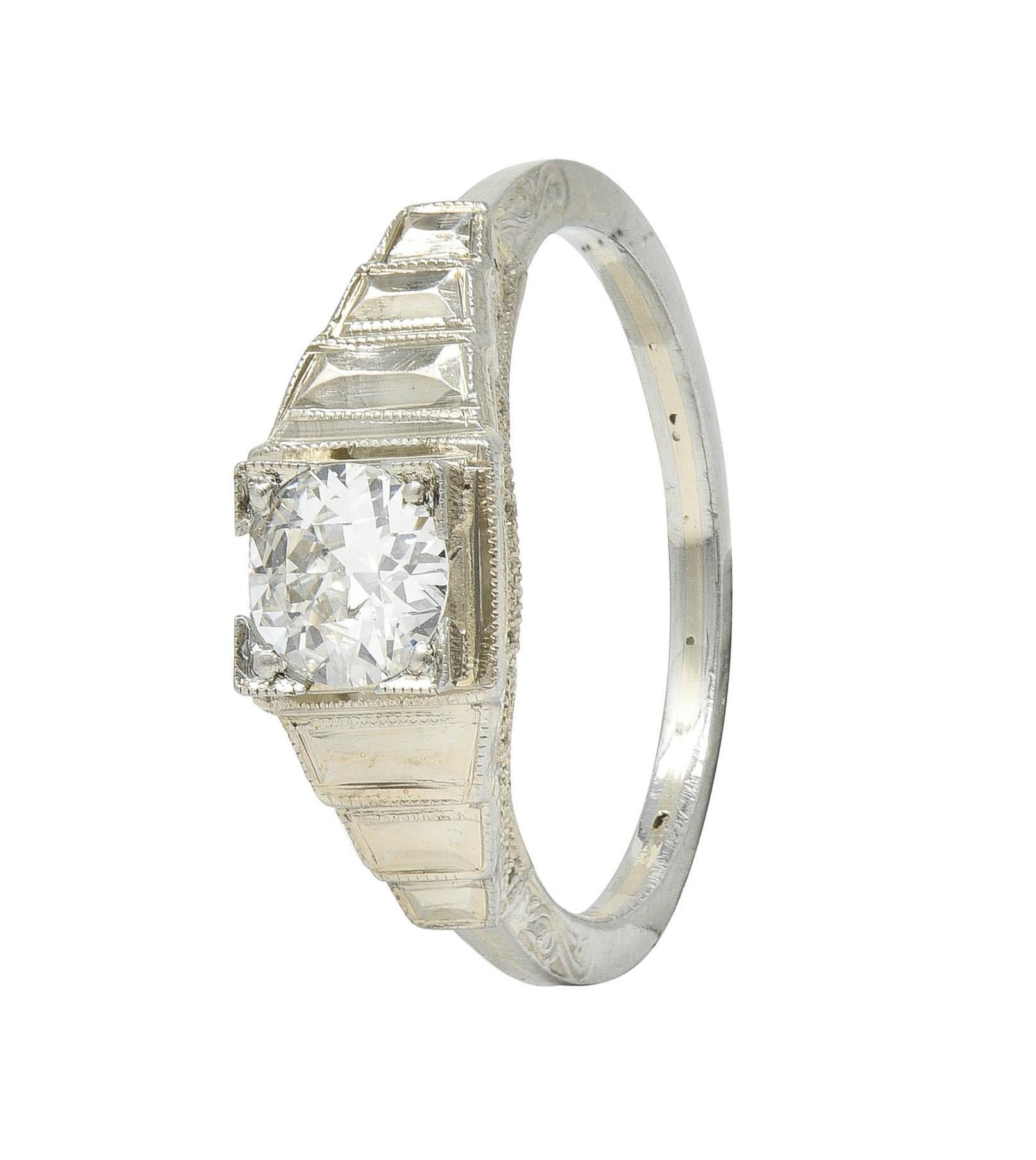Art Deco Old European Cut Diamond 18 Karat White Gold Vintage Engagement Ring For Sale 8