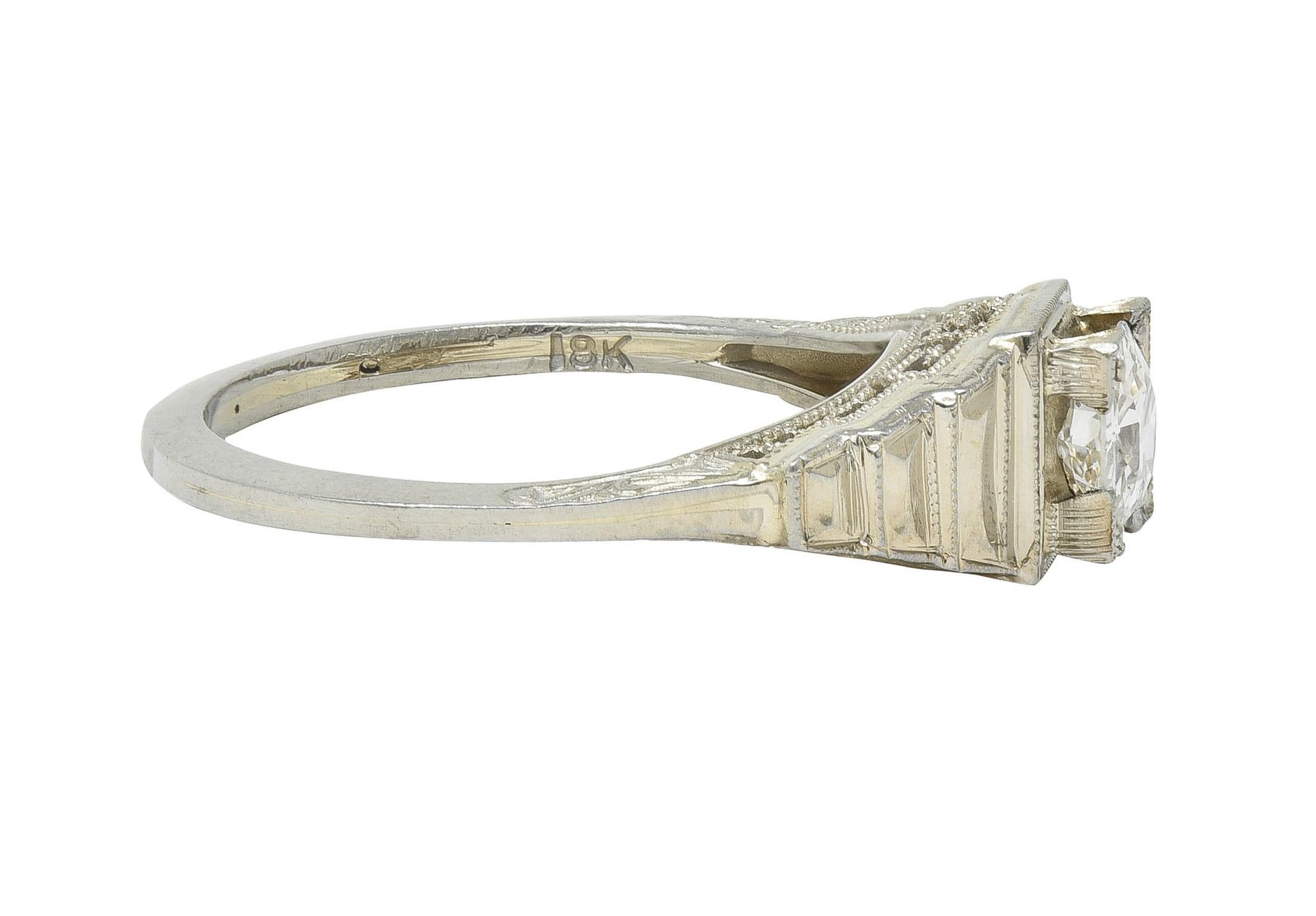 Art Deco Old European Cut Diamond 18 Karat White Gold Vintage Engagement Ring For Sale 1