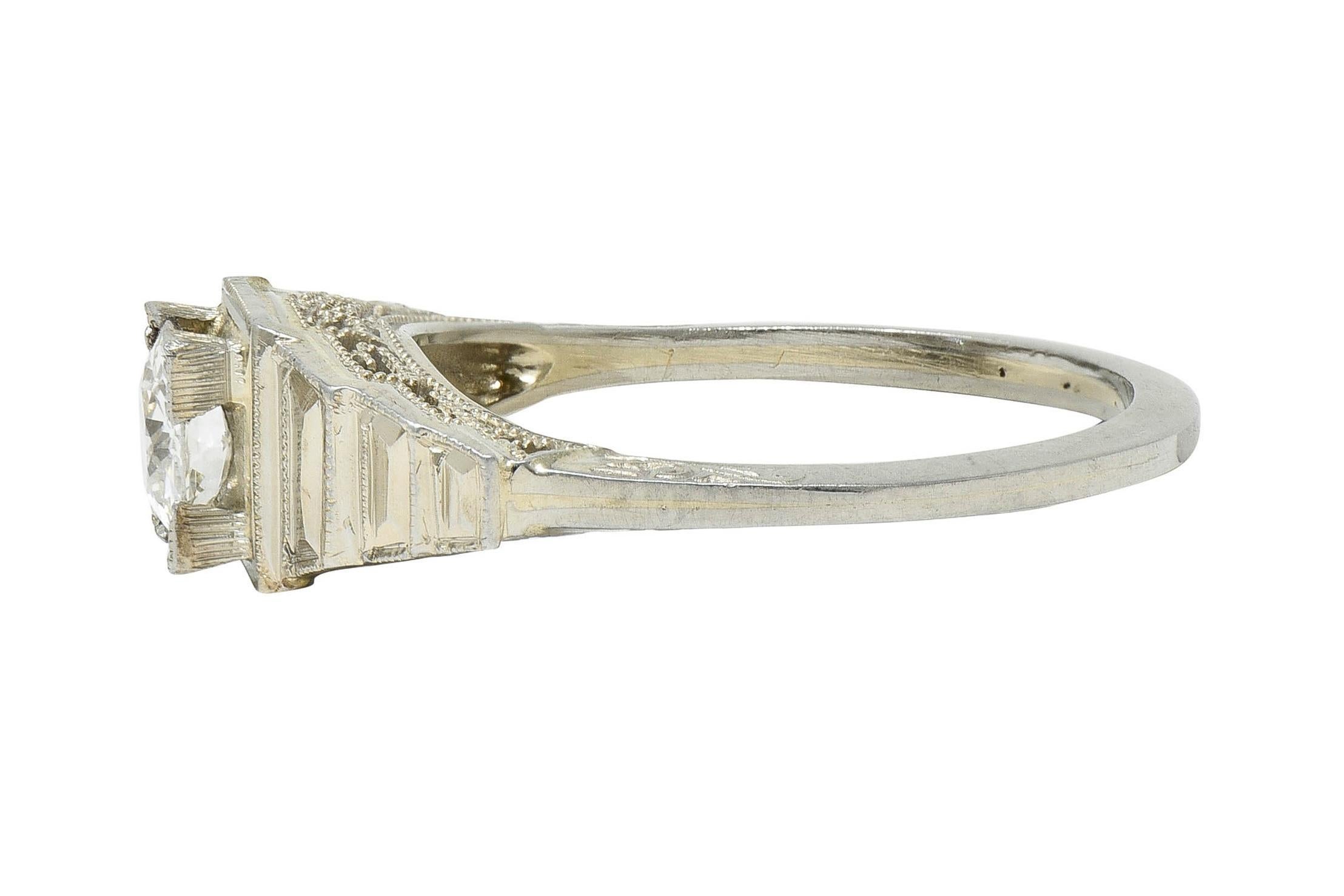 Art Deco Old European Cut Diamond 18 Karat White Gold Vintage Engagement Ring For Sale 3