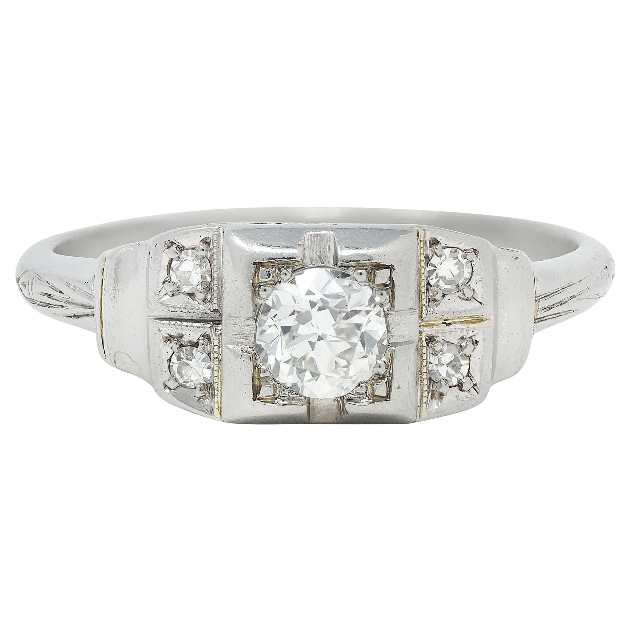 Bague de fiançailles vintage Art déco en or blanc 18 carats avec diamants taille vieille Europe