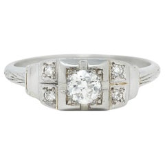 Art Decó Antiguo Diamante talla europea Anillo de compromiso vintage de oro blanco de 18 quilates