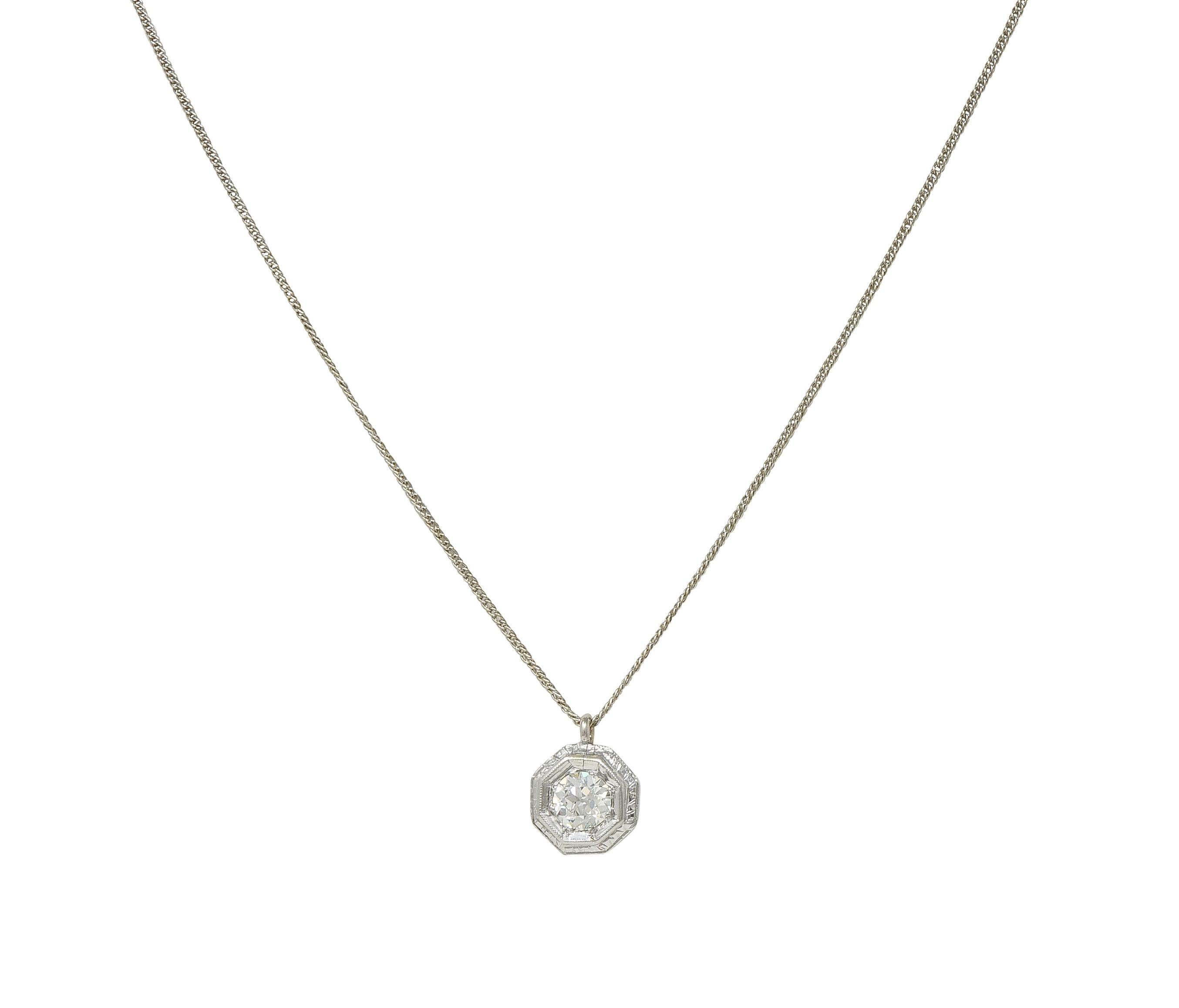 Collana con ciondolo vintage in oro bianco 18 carati con diamante vecchio taglio europeo Art of Vintage in vendita 2