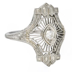 Art Deco Old European Cut Diamond 18 Karat White Gold Wheat Vintage Dinner Ring