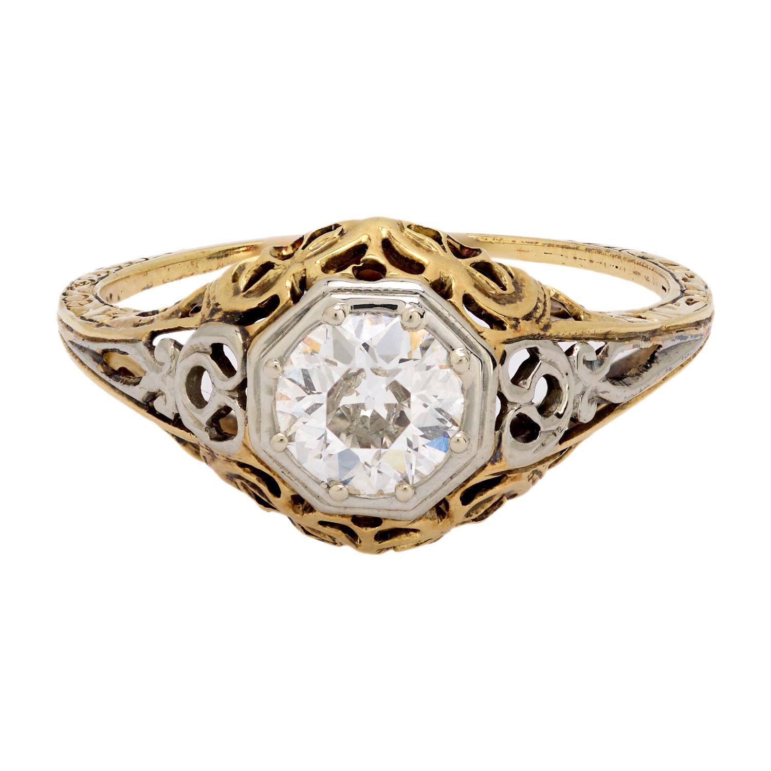 Taille vieille Europe Bague de fiançailles Art déco en or 18k avec un diamant de taille européenne en vente
