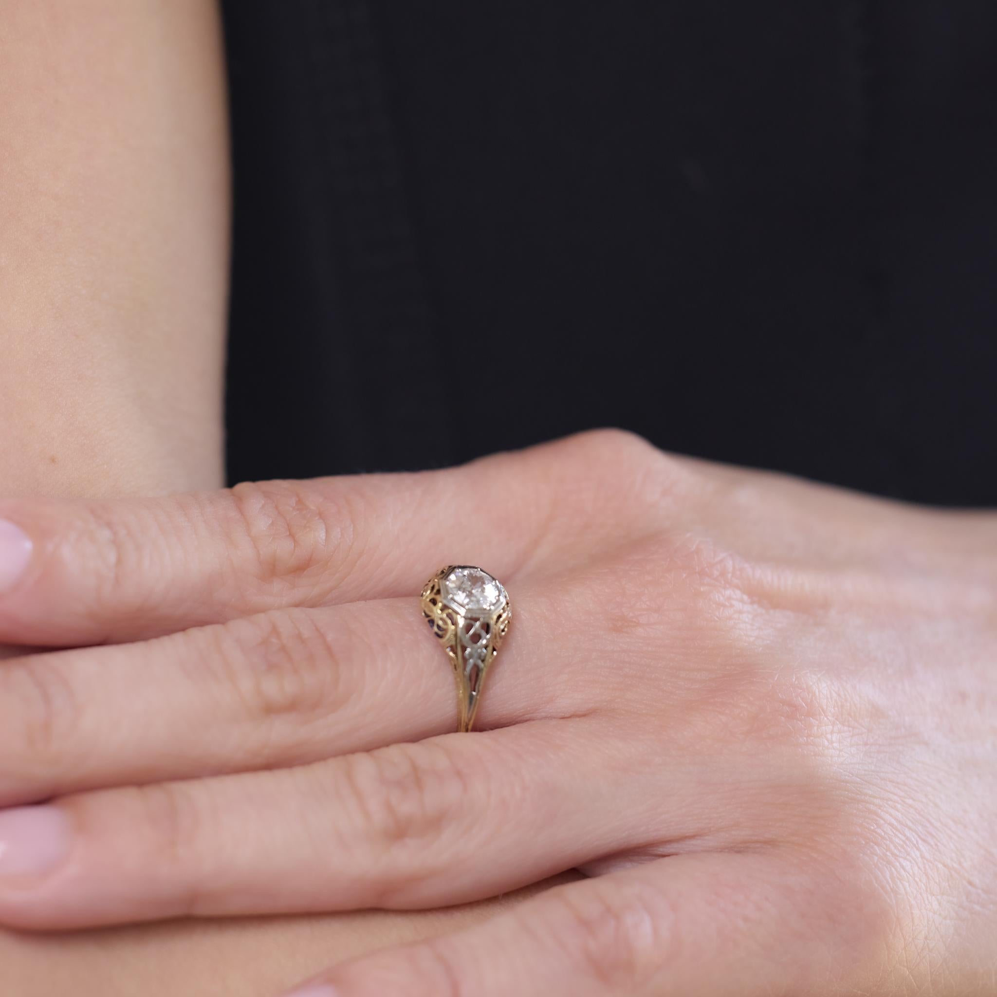 Bague de fiançailles Art déco en or 18k avec un diamant de taille européenne Bon état - En vente à Beverly Hills, CA