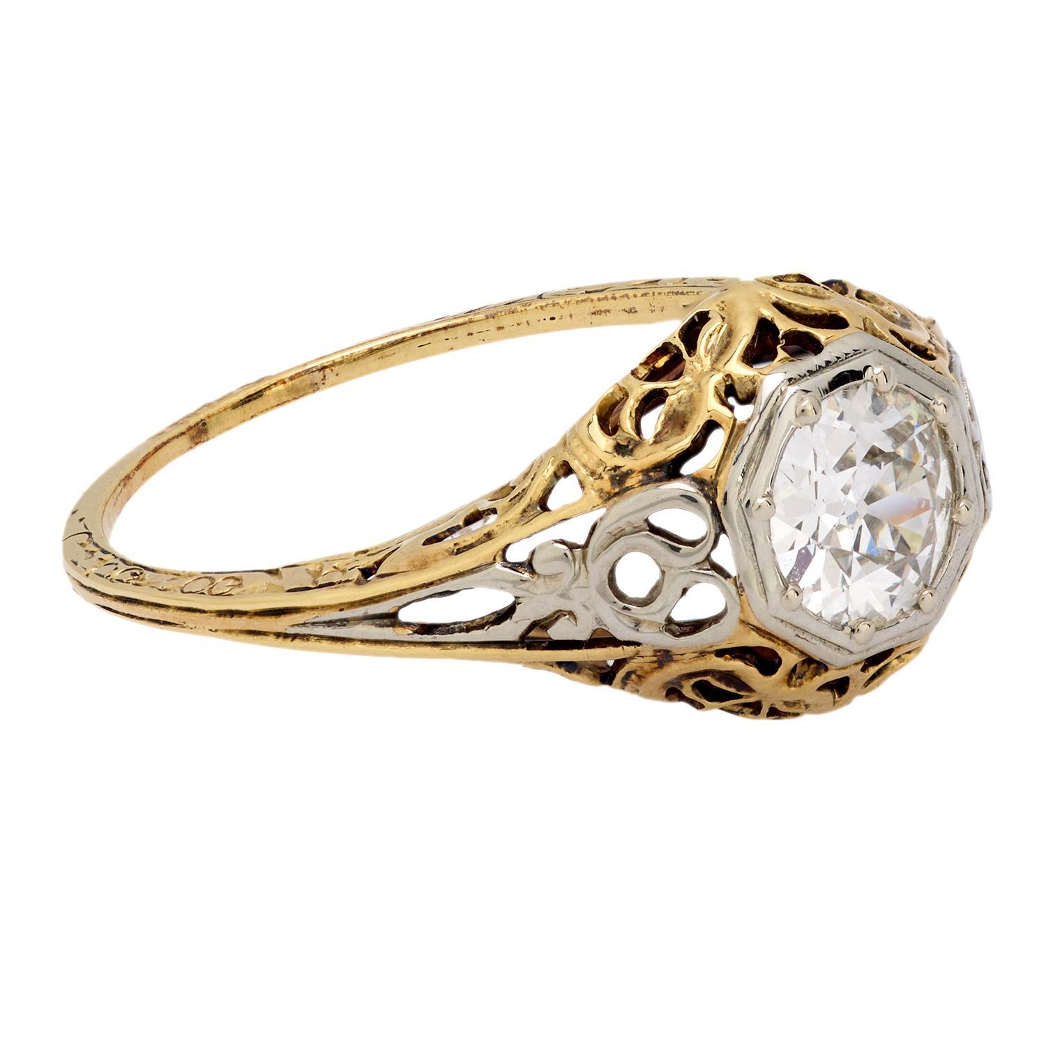 Bague de fiançailles Art déco en or 18k avec un diamant de taille européenne Pour femmes en vente