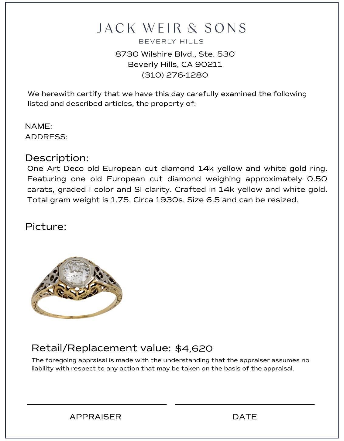 Bague de fiançailles Art déco en or 18k avec un diamant de taille européenne en vente 1