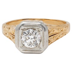Art Deco Old European Cut Diamond 18K Gold Vintage Foliate Engagement Ring