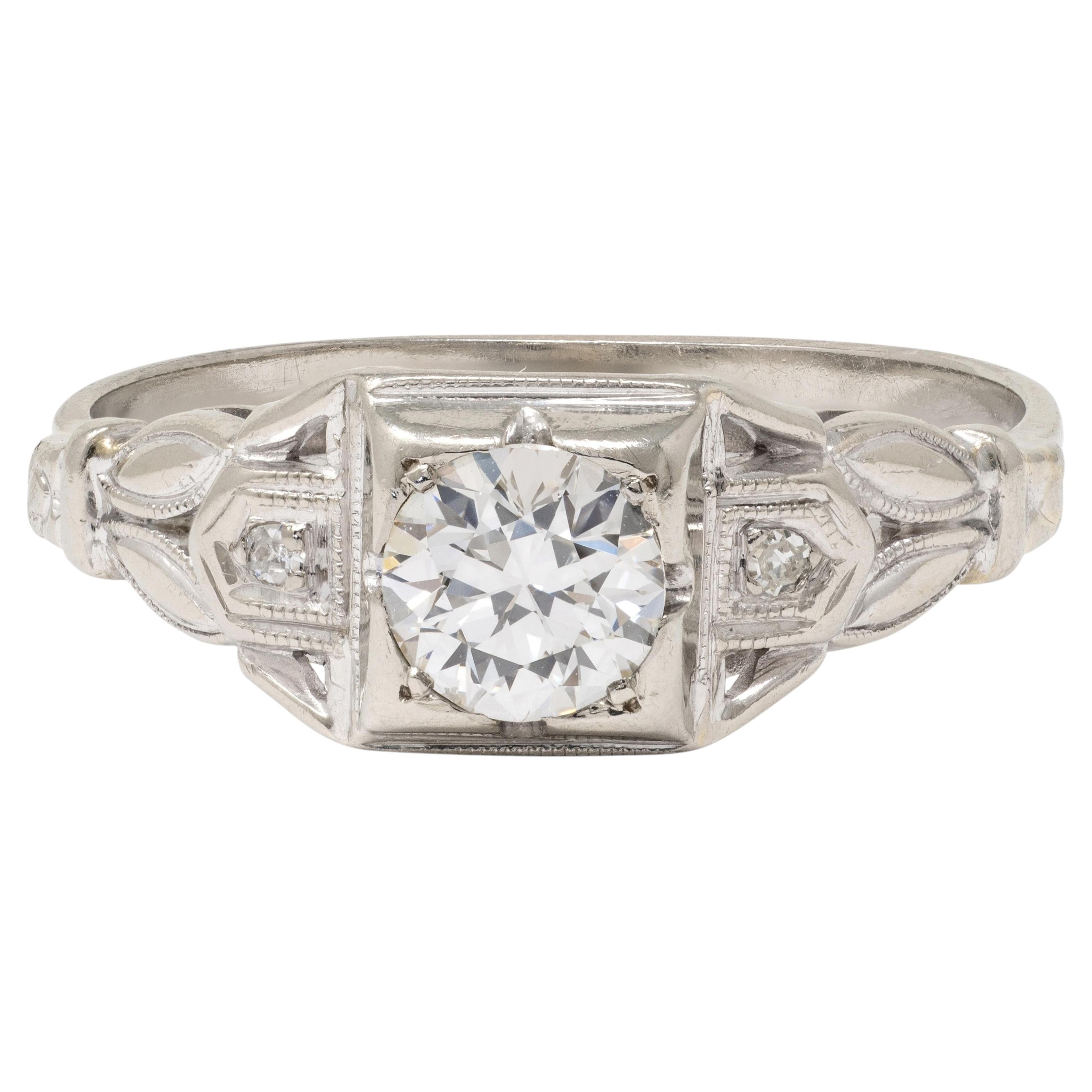 Art Deco Old European Cut Diamond 18K White Gold Vintage Foliate Engagement Ring