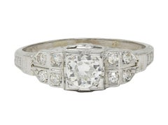 Art Deco Alt Europäischer Schliff Diamant 18K Weißgold Vintage Abgestufter Verlobungsring