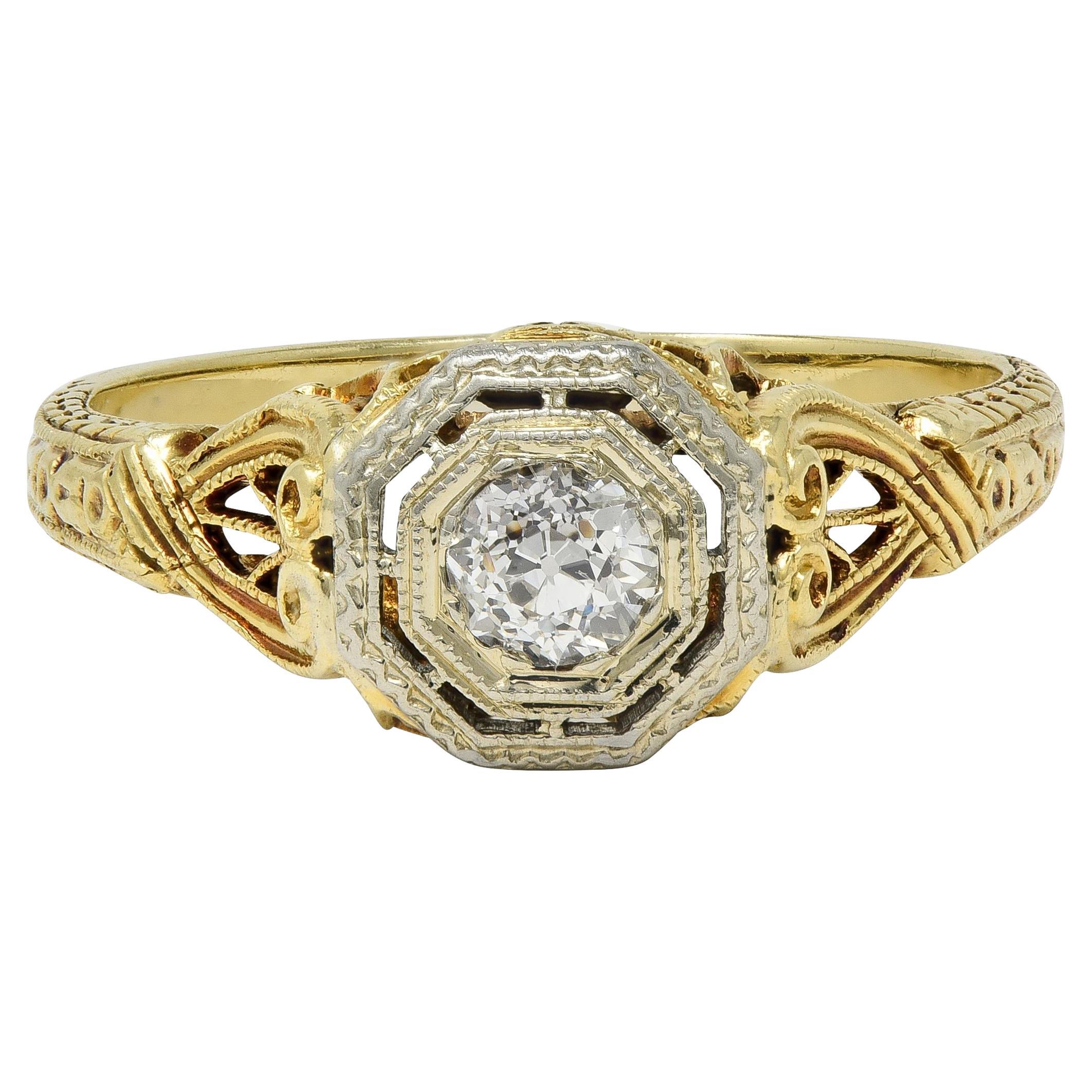 Art Deco Old European Cut Diamond 18K Yellow Gold Antique Heart Engagement Ring For Sale