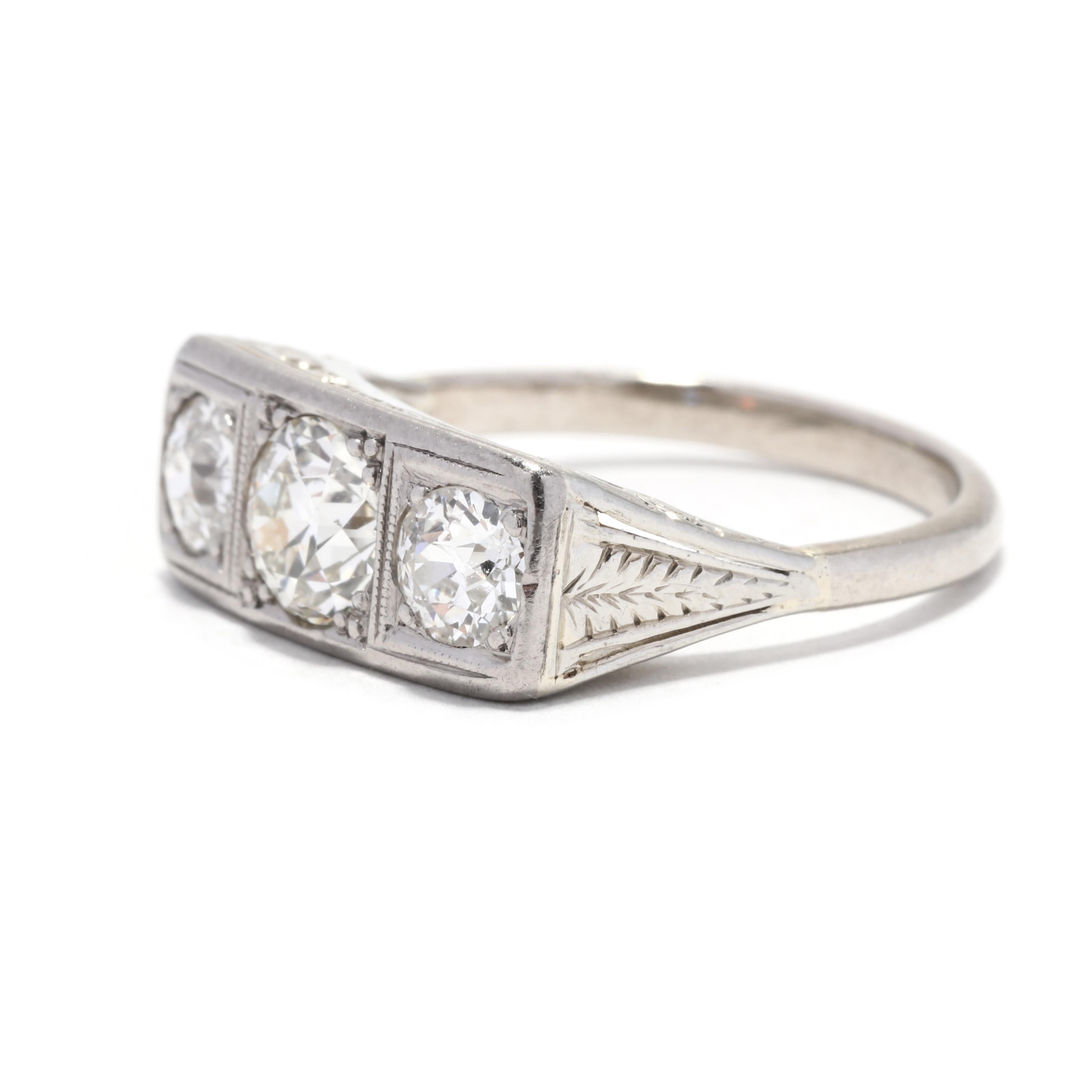 Art Deco Old European Cut Diamond 3 Stone Engagement Ring, 14K White Gold In Good Condition In McLeansville, NC