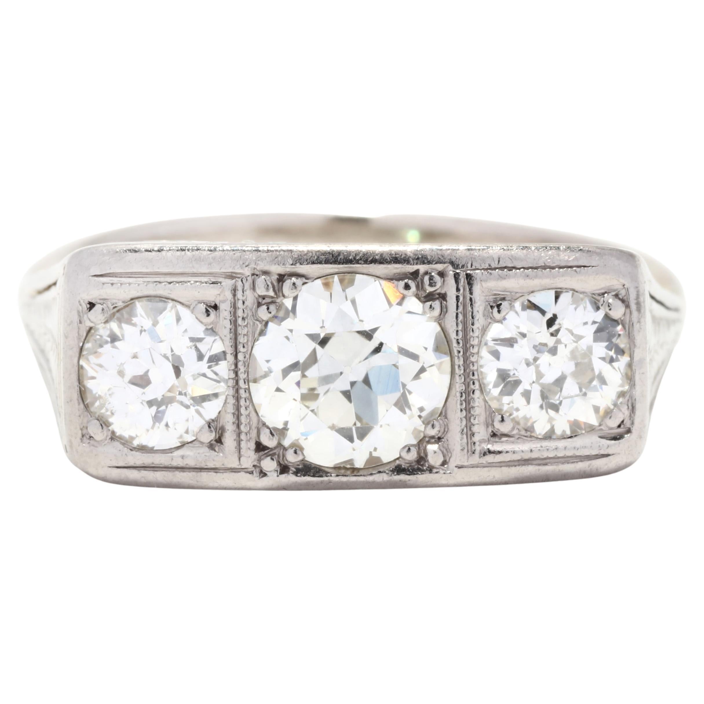 Art Deco Old European Cut Diamond 3 Stone Engagement Ring, 14K White Gold