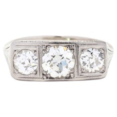 Antique Art Deco Old European Cut Diamond 3 Stone Engagement Ring, 14K White Gold